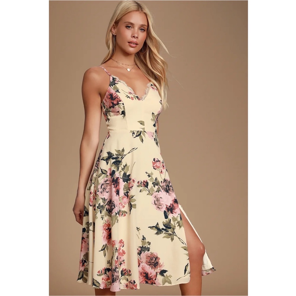 Lulu’s Emilee Cream Floral Print Midi Dress